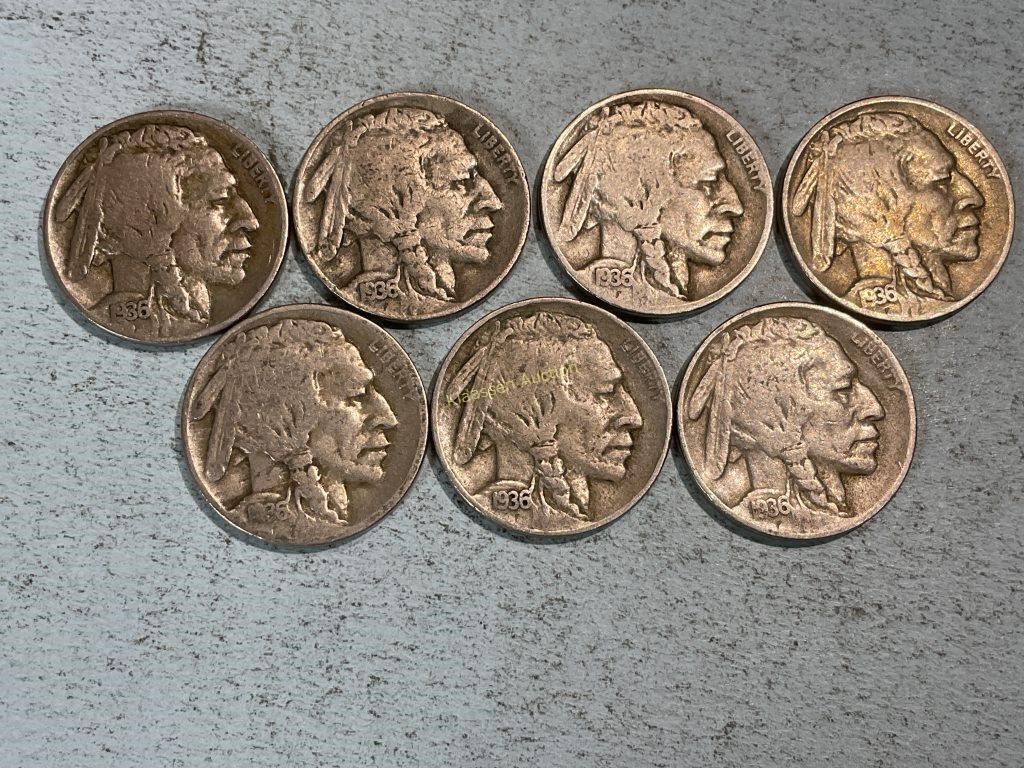 Seven 1936D Buffalo nickels