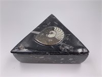 Triangular jewelry box carved from fossil sediment