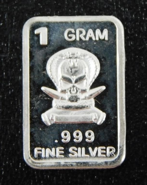 1 gram Silver Ingot - Cobra Skull, .999 Fine