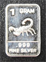 1 gram Silver Ingot - Scorpion, .999 Fine Silver