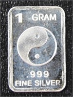1 gram Silver Ingot - Yin & Yang, .999 Fine