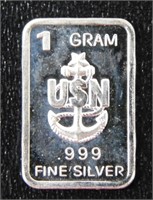 1 gram Silver Ingot - US Navy Insignia, .999 Fine