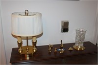 brass pieces, lamp, flowers, candle LR
