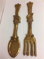 Wooden folk art gilt decorate spoon & fork