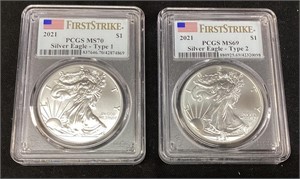 (2) 2021 SILVER AMERICAN EAGLES, MS70, 1st S