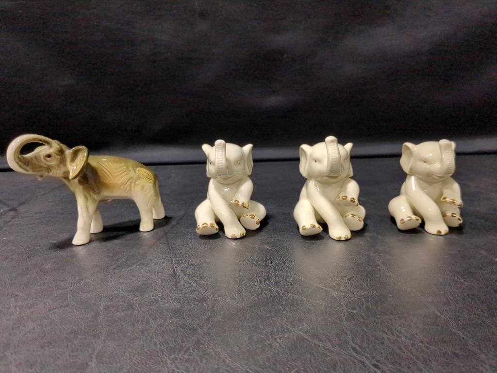 3 white Lenox elephants, 1 ceramic elephant