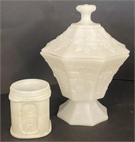 Milk Glass Lidded Dish (8”) & Pond’s Container