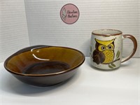Russell Wright Stoneware Bowl & Stoneware Owl Mug