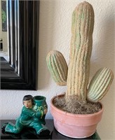 E - FAUX CACTUS PLANT IN POT & JAPANESE FIGURINE