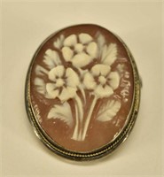 800 Silver Carved Floral Cameo Pin