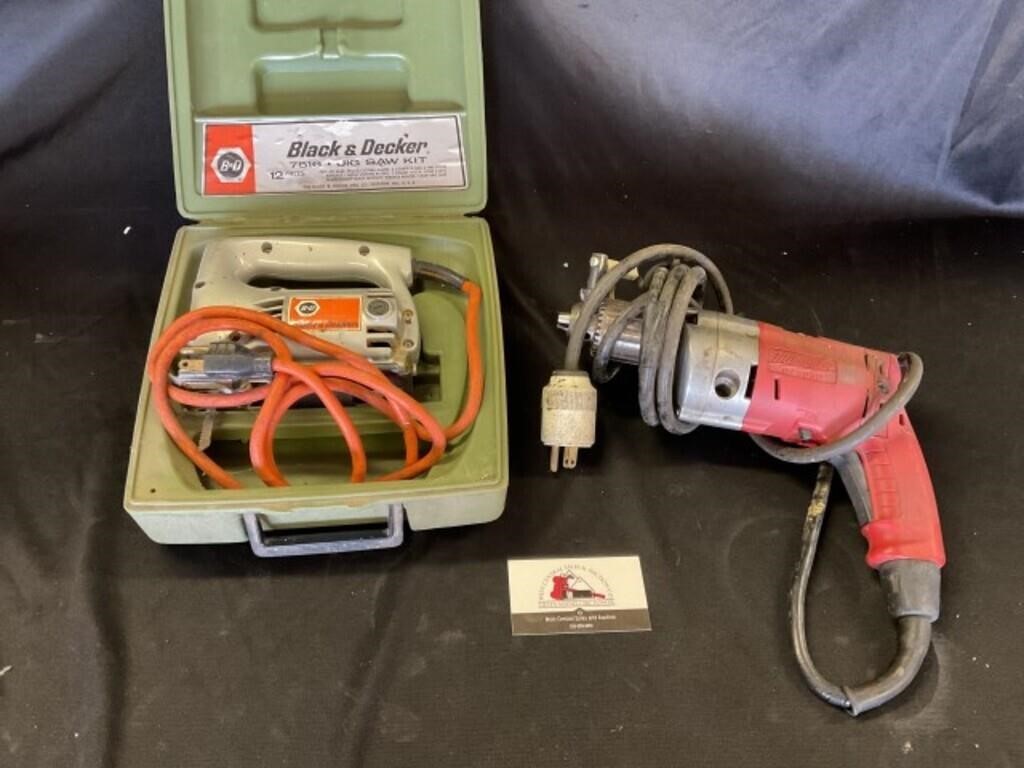 Milwaukee drill and Black and Decker saw