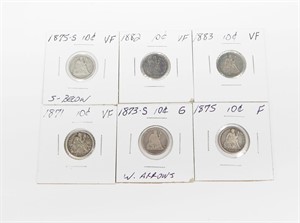 SIX (6) SEATED LIBERTY DIMES - 1871 to 1883