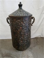Cute metal vase/can decor with lid 17 in tall 22