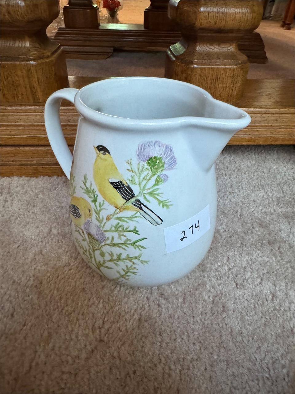 CERAMIC HANDPAINTED PITCHER WITH BIRDS 7" TALL