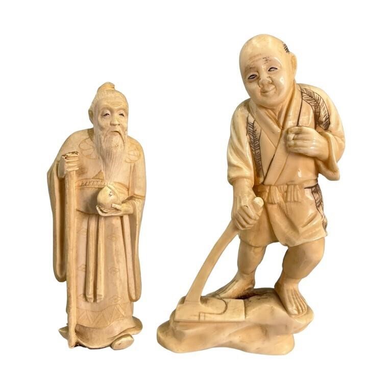 2 Early Carved Asian Figures, Okimono