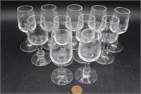 Army of 11 Etched Glass Cordials!
