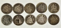 10 Well Circulated Seated Liberty Silver Dimes