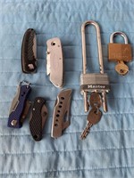 5 Utility Pocket Knives & 7 Padlocks with Keys