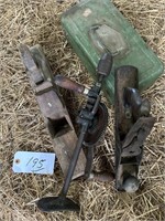 2 OLD WOOD PLANES,  HAND DRILL , GREEN BOX