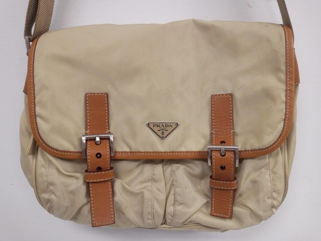 PRADA Shoulder Bag Nylon Leather Cream