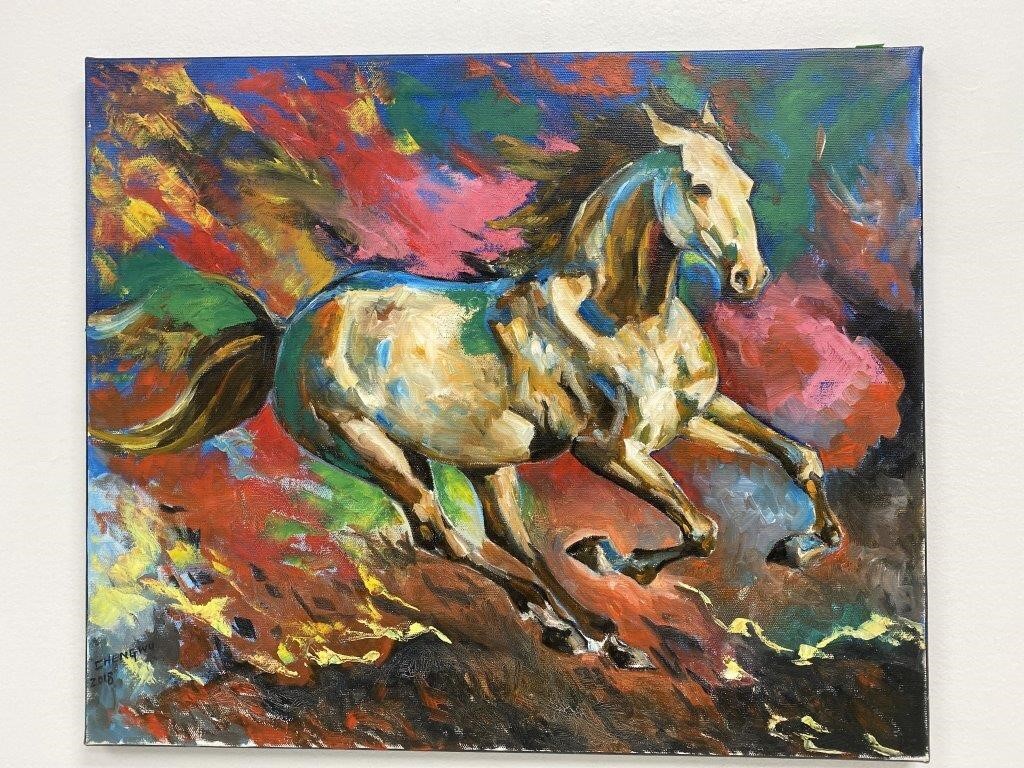 Post Modernist Abstract Galloping Horse, Oil, Sign