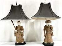 Pair Wood Carved Asian Lamps