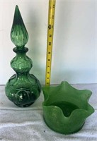 Mid-century Green Glass Decanter & Dish