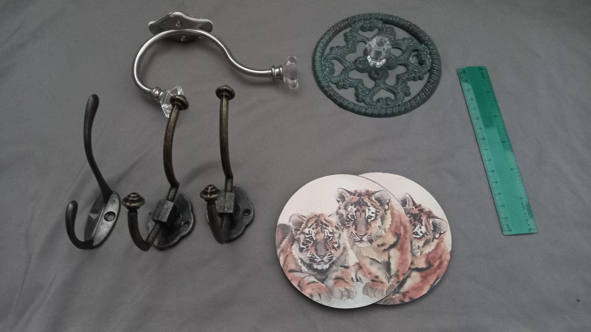 Vintage lot coasters,  hooks and knob