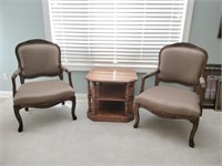Wood and Upholstered Arm Chairs, Side Table