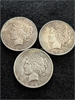 3- Circulated Peace Silver Dollars- 1922 and 2-