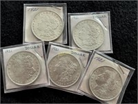 5- MS 1921 Morgan Silver Dollars