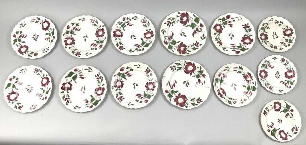 13 Early Adams Rose Staffordshire Plates.