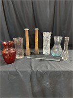 Box Lot of Glass Vases, Wood Bobbin Candle Holders