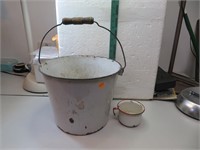 Vintage Enamel Bucket & Cup with Chips as shown