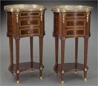Pr. French mahogany marble top bedside tables