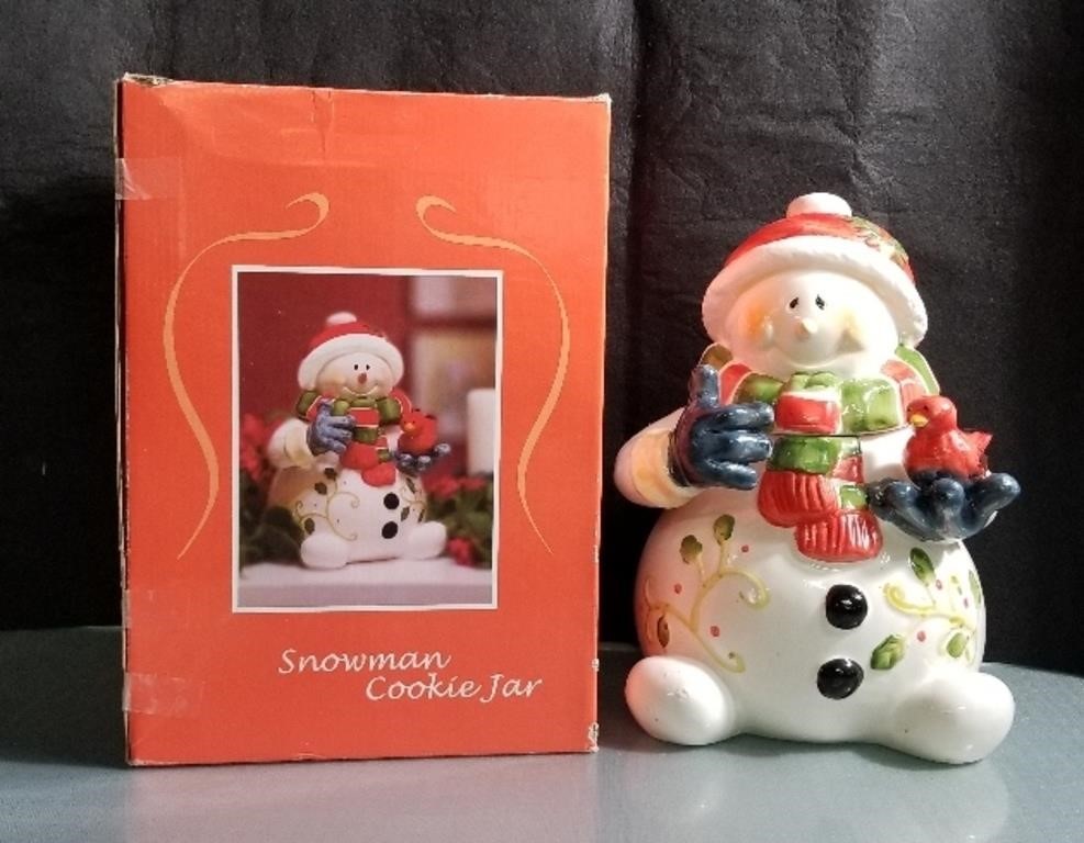 Snowman Cookie Jar Holding Cardinal CIB