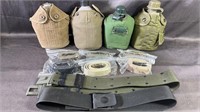 Four military canteens, adjustable belts