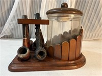 Vintage Wood Pipe w/Glass Tobacco Canister & stand