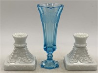 Blue coin dot bud vase and two milk glass candle