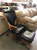 BLACK LEATHER & WOOD ARM CHAIR W/ FOOTSTOOL