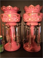 *** Damaged  *** Pink Cased Glass Mantle Lusters