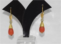 Vintage 9ct gold and coral drop earrings