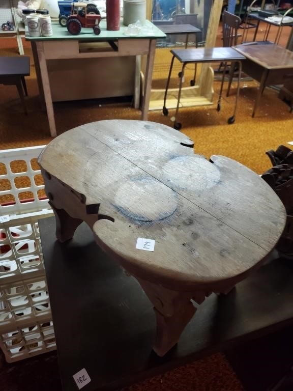 Wooden Stool w/ Issue, Tin of Sea Shells