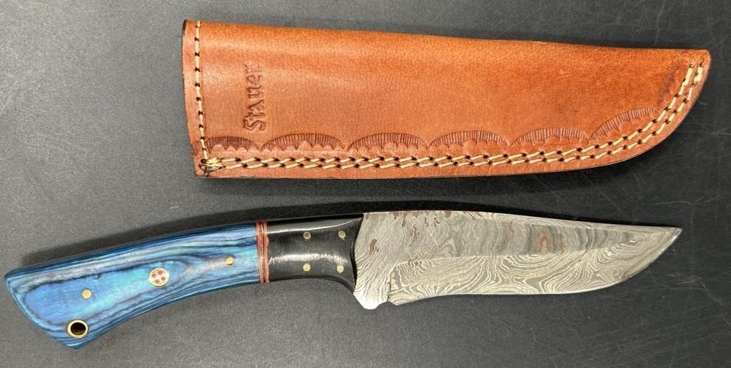 Damascus Steel Hunting Knife w Sheath