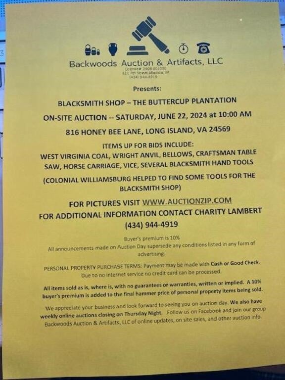6/22/2024 - BLACKSMITH SHOP ON-SITE AUCTION