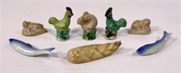 Porcelain & mud figures, 3"L fish / Roosters /