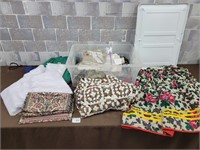 Vintage skirt, bin of crafting, blanket, etc