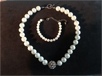 Faux Pearl & Rhinestone Necklace with Bracelet