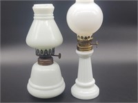 (2) Vintage White Oil Lamps are 8 & 9in Tall