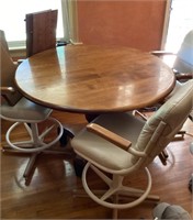 Pedestal table, 3 chairs, 2 leaves, pads